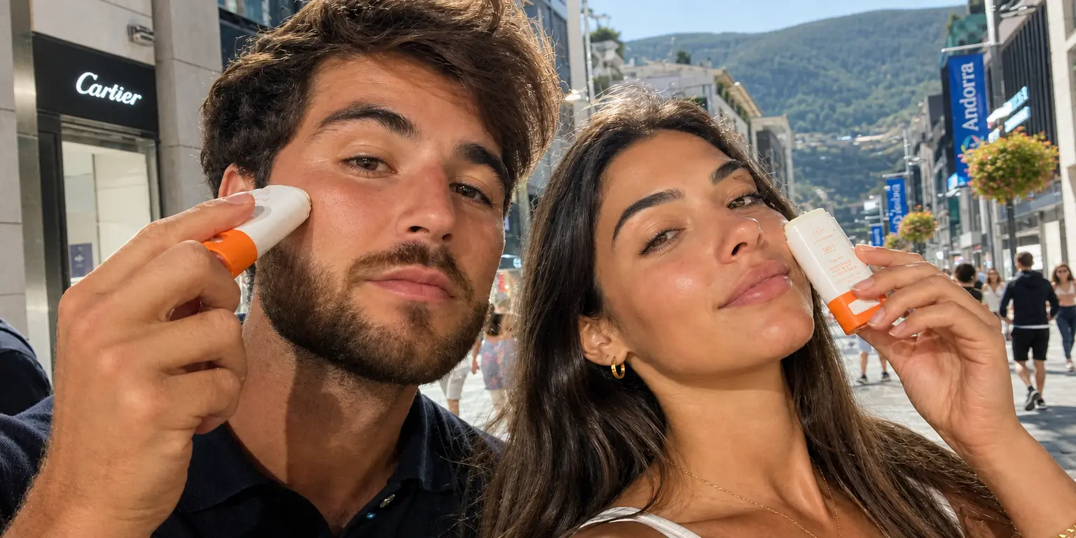 Dos personas aplicándose la Barra Solar Triple Acción de Arturo Alba en el rostro, en una calle de Andorra la Vella
