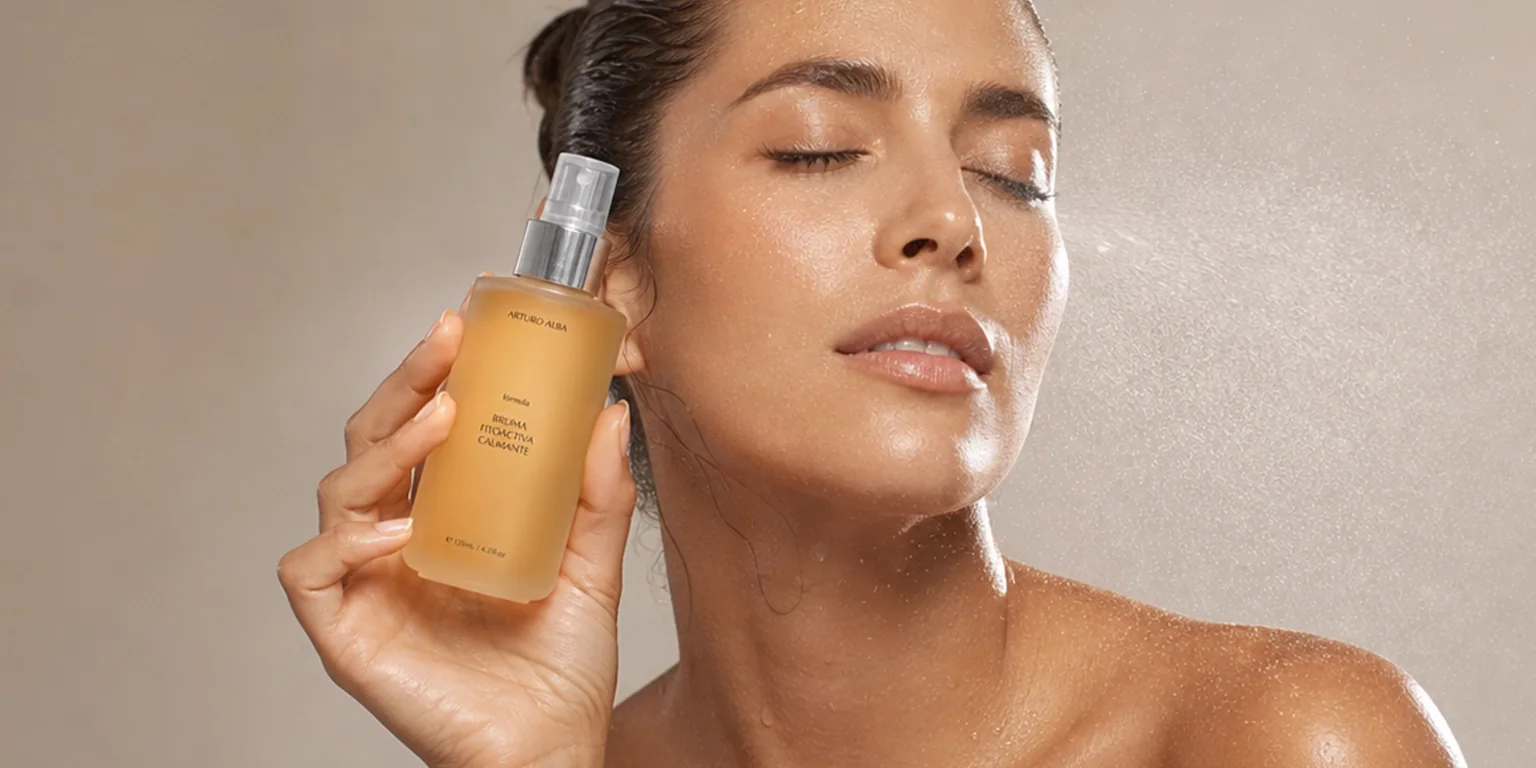 Mujer con los ojos cerrados aplicándose la Bruma Fitoactiva Calmante de Arturo Alba en el rostro, con el spray visible