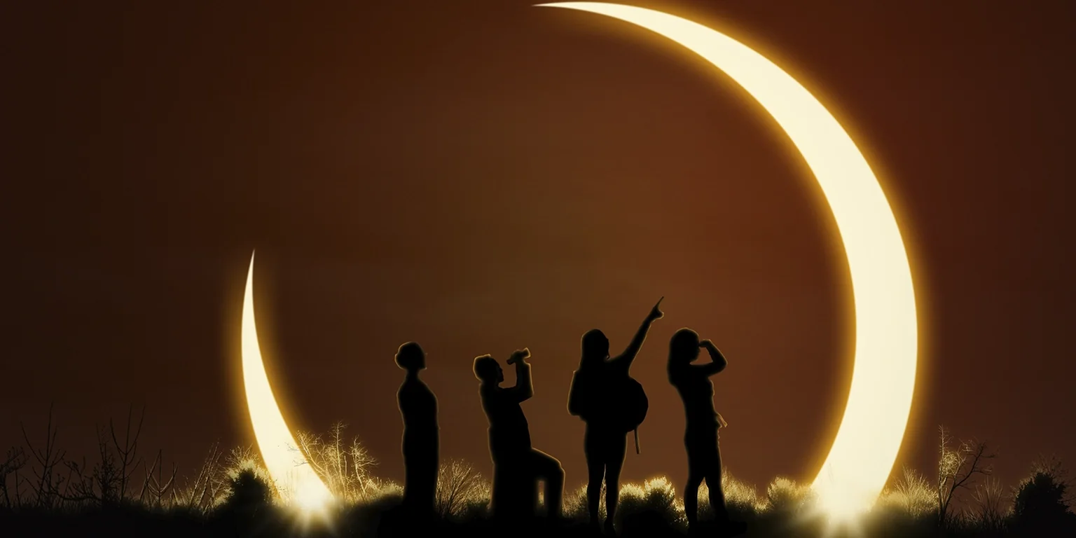 Siluetas de cuatro personas observando y fotografiando un gran eclipse solar en creciente sobre un cielo dorado
