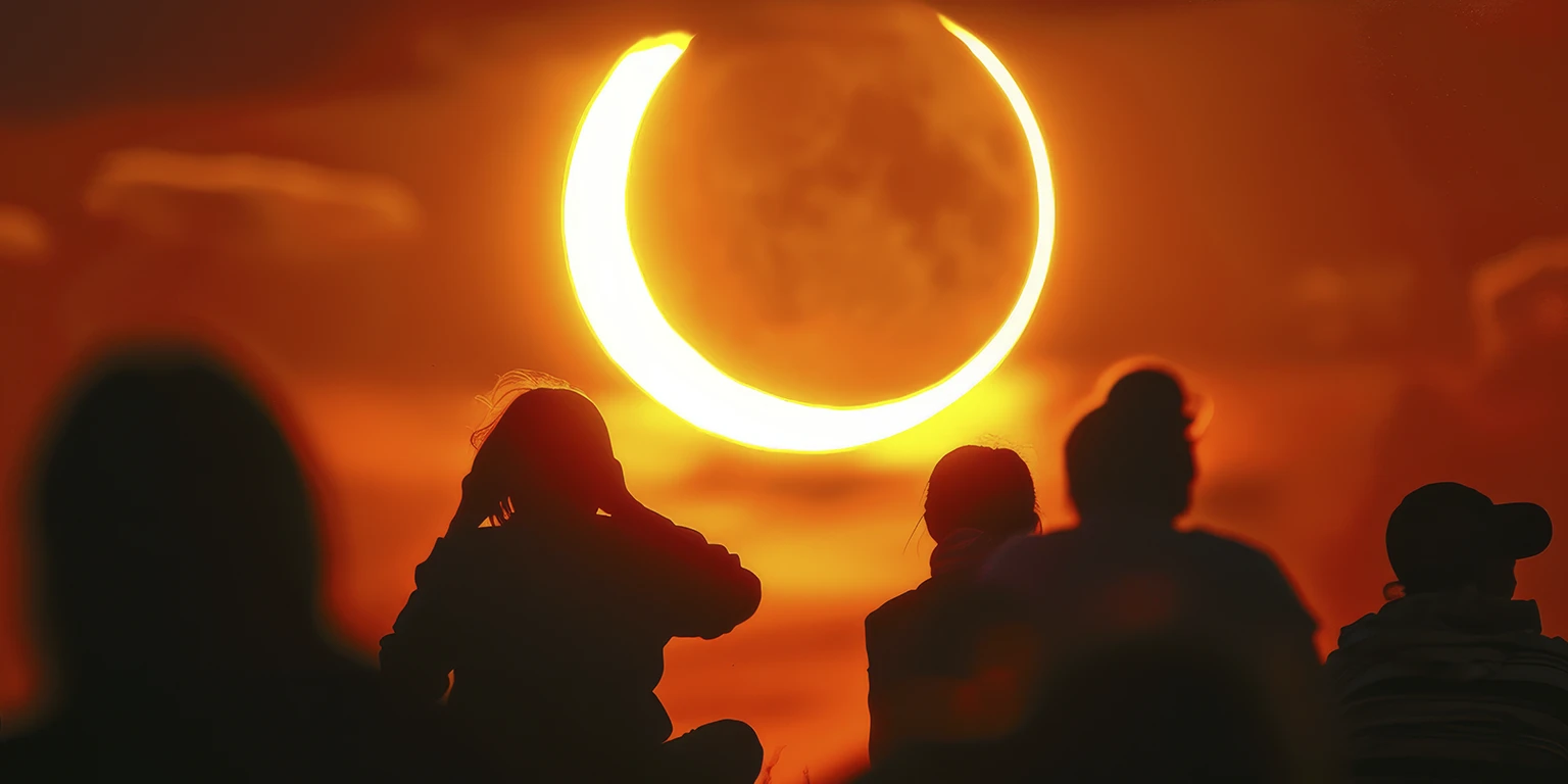 Cómo ver el eclipse del 12 de agosto en Andorra sin dañarte la vista Siluetas de varias personas observando un eclipse solar con el sol en forma de creciente sobre un cielo naranja