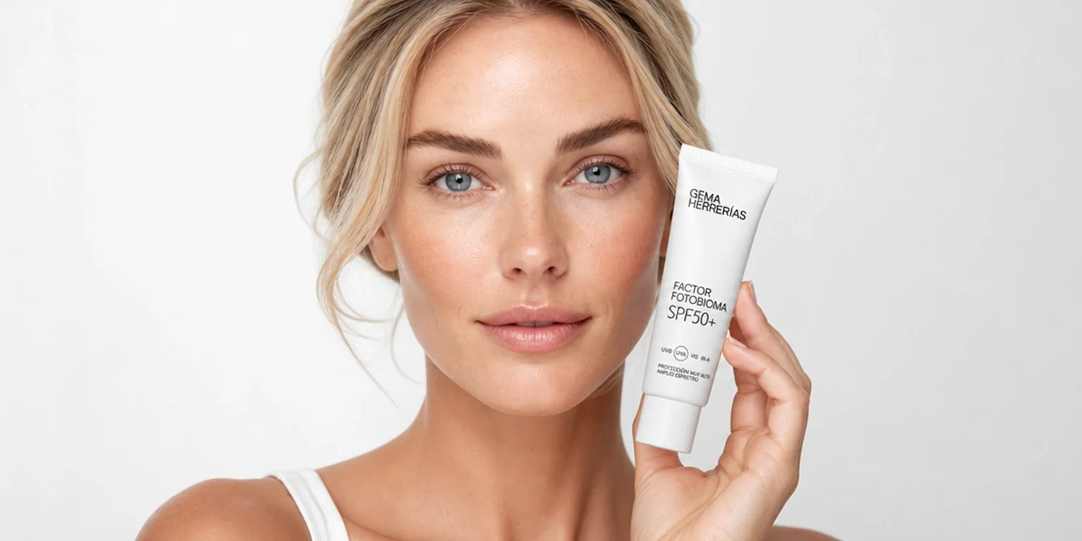 Fotoprotección de amplio espectro para pieles con manchas con Factor Fotobioma SPF50+ Mujer rubia sosteniendo el tubo del Factor Fotobioma SPF50+ de Gema Herrerías junto al rostro, con piel luminosa