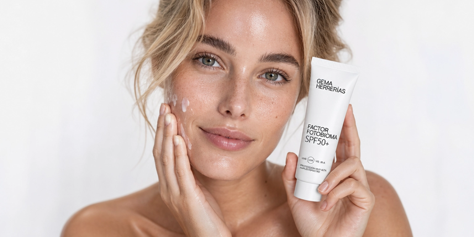 Mujer rubia aplicándose el fotoprotector Factor Fotobioma SPF50+ de Gema Herrerías en la mejilla, con el tubo en la mano