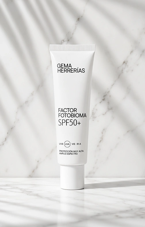 Tubo del fotoprotector Factor Fotobioma SPF50+ de Gema Herrerías sobre una superficie de mármol blanco