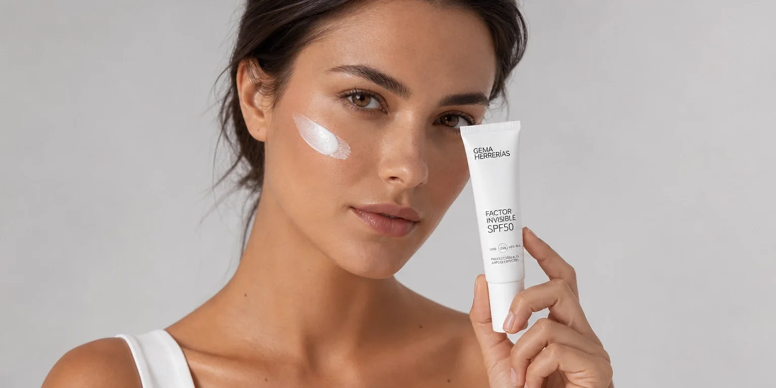 Factor Invisible SPF50: fotoprotector con acabado invisible que no deja residuo blanco Mujer morena con el tubo del Factor Invisible SPF50 de Gema Herrerías y una pincelada de fotoprotector en la mejilla