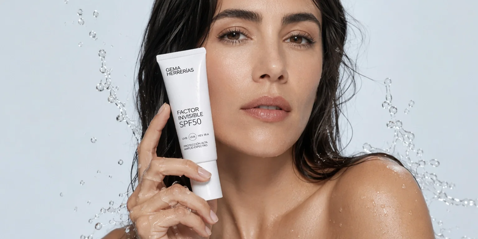 Mujer morena sosteniendo el fotoprotector Factor Invisible SPF50 de Gema Herrerías junto al rostro, con salpicaduras de agua