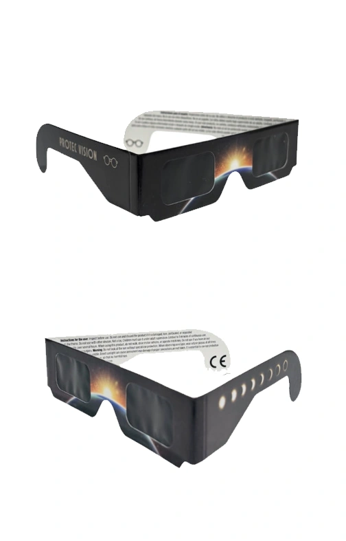 Gafas de eclipse homologadas Protec Vision vistas de frente y de espaldas, con las instrucciones de uso impresas