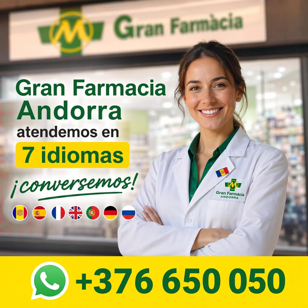 Farmacéutica de Gran Farmàcia Andorra ante su farmacia; atienden en 7 idiomas y por WhatsApp al +376 650 050