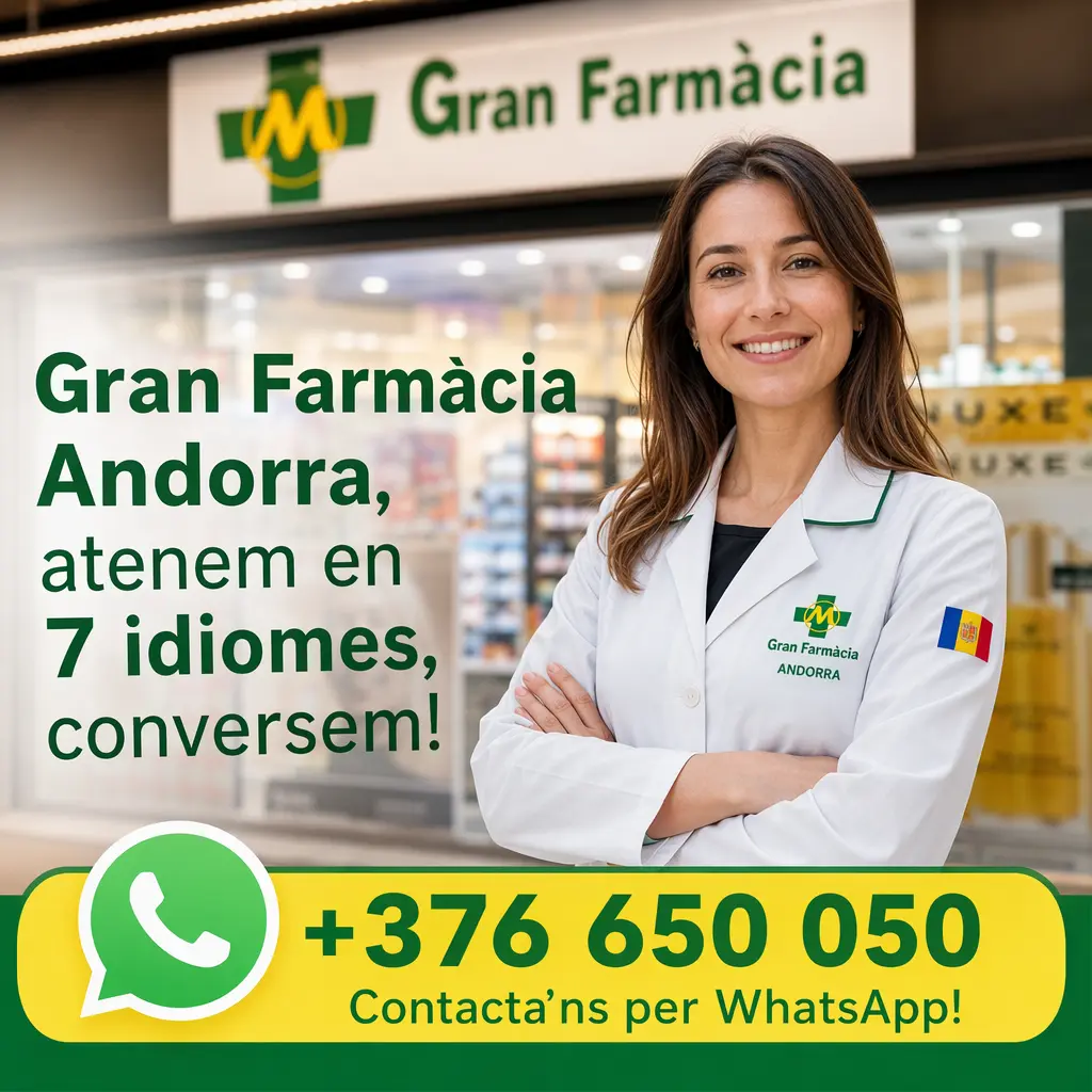 Farmacèutica de Gran Farmàcia Andorra davant la botiga; atenem en 7 idiomes i per WhatsApp al +376 650 050