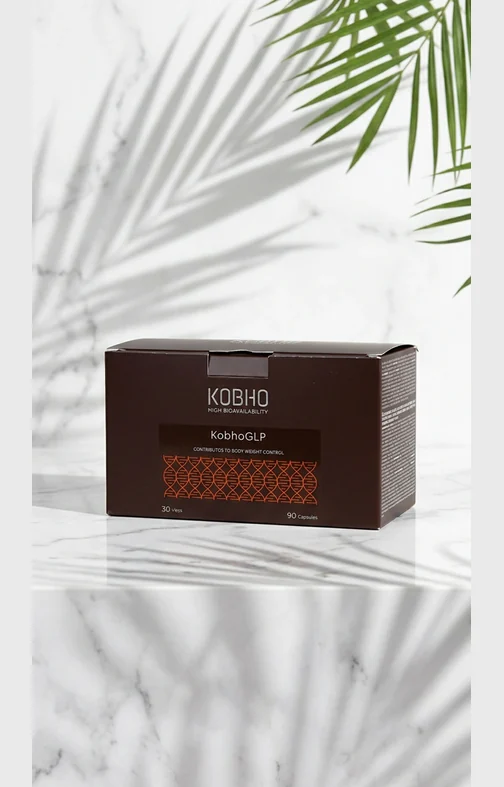 Envàs mensual de KobhoGLP amb 90 càpsules i 30 vials de sabor maracujà per al control del pes