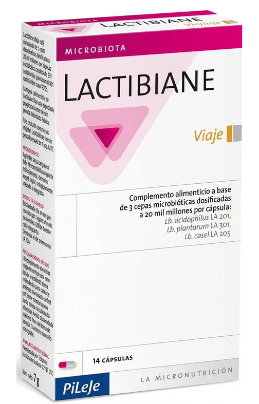Envàs de Lactibiane Voyage de PiLeJe amb 14 càpsules de complement alimentari a base de probiòtics