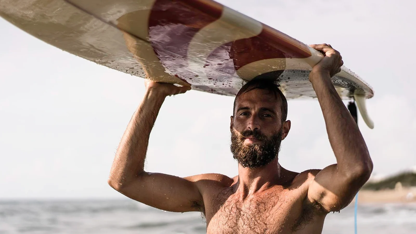 Surfista amb la taula a l'espatlla sortint del mar en una platja d'una destinació de viatge a l'estranger