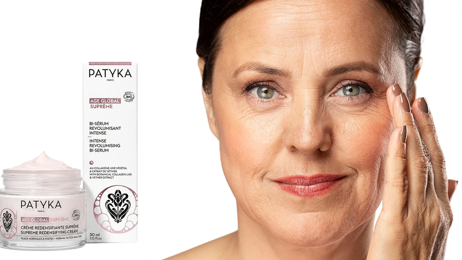 Set PATYKA Age Global Supreme, Bi-Serum Revolumising i Bàlsam Supreme Redensifying Cream, al costat d'una dona de pell madura