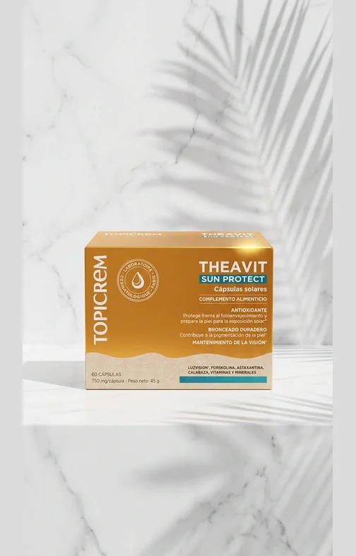 Estoig de Topicrem Theavit Sun Protect, complement alimentari de 60 càpsules solars de 750 mg