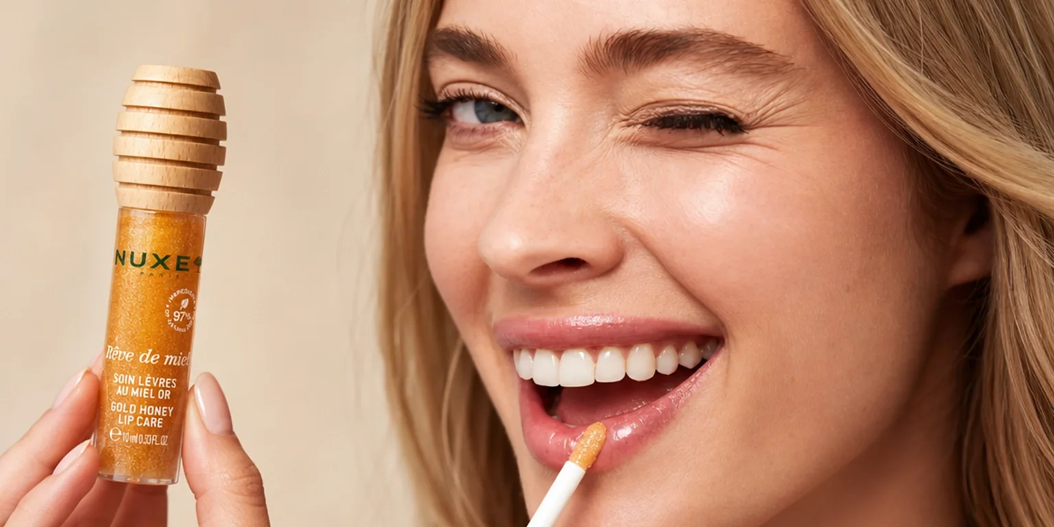 Mujer rubia aplicándose el Tratamiento Labial con Miel Gold de NUXE con su aplicador, labios con acabado brillante